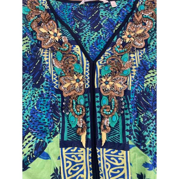 Soft Surroundings Green Blue Floral Sequin Beaded Embroidered Tunic Top Size XS - Picture 5 of 9